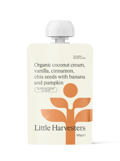 Organic coconut cream, vanilla, cinnamon, chia seeds with banana and pumpkin (pack of 6)