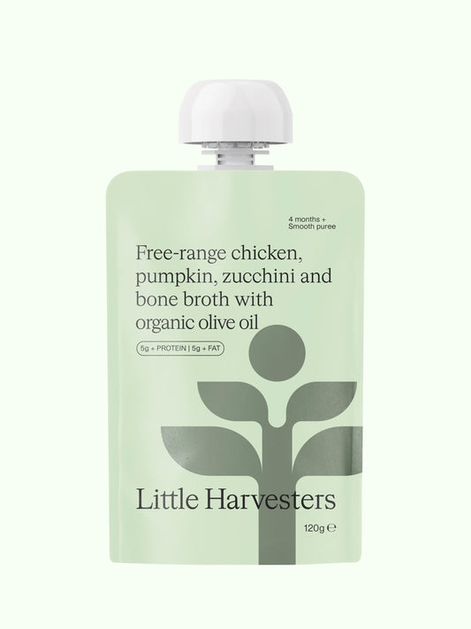 Free-range chicken, pumpkin, zucchini and bone broth with organic olive oil