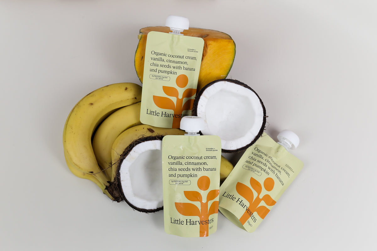 Organic coconut cream, vanilla, cinnamon, chia seeds with banana and pumpkin (pack of 6)